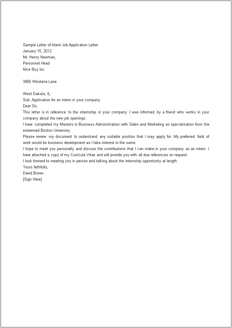 Sample Letter Of Intent For A Job Template