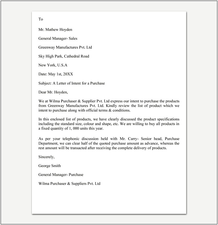 Sample Letter Of Intent To Purchase Property Template