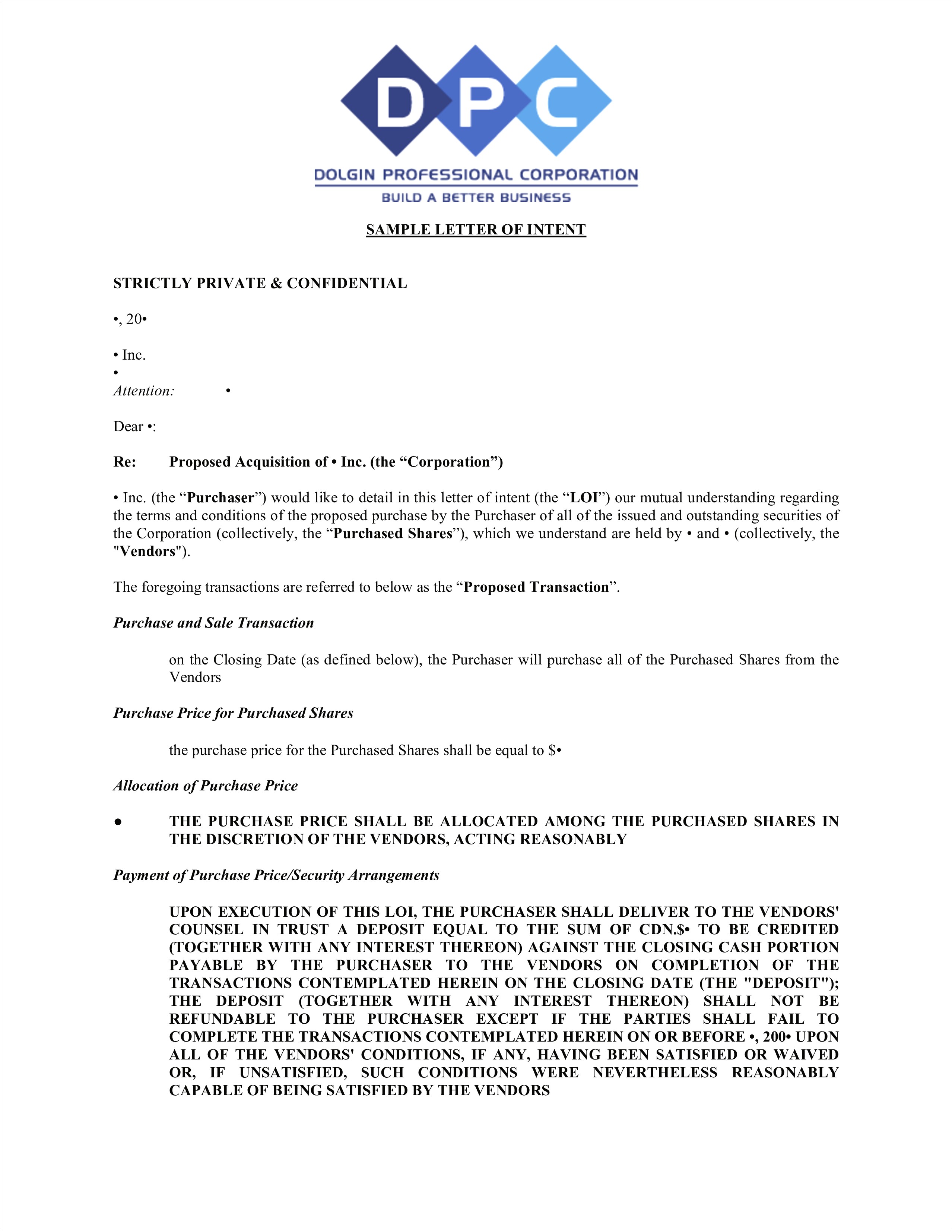 Sample Letter Of Intent To Purchase Template