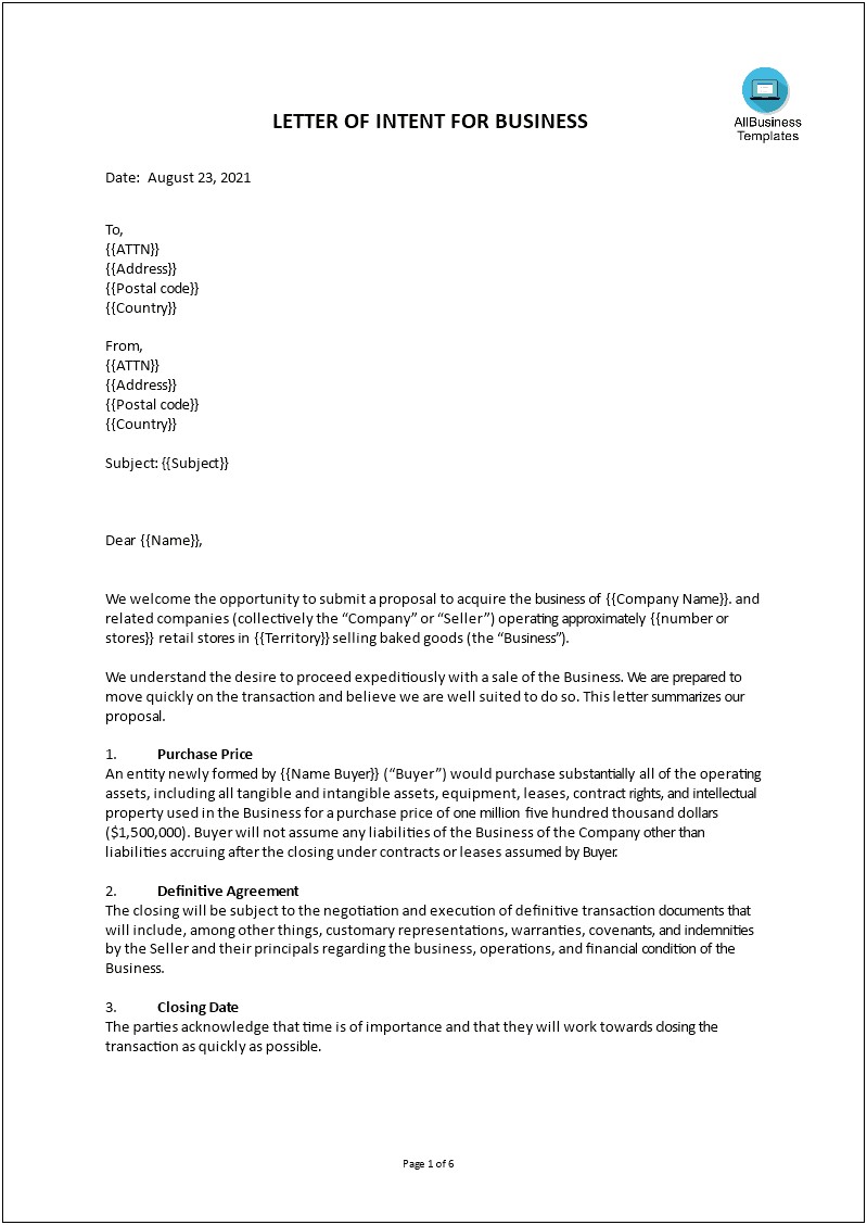 Sample Letter Of Intent Word Template