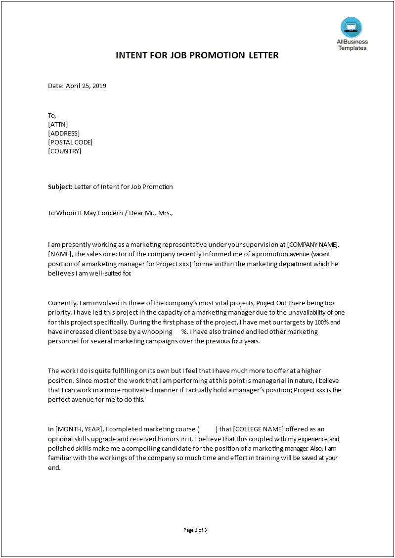 Sample Letter Of Interest For Promotion Template