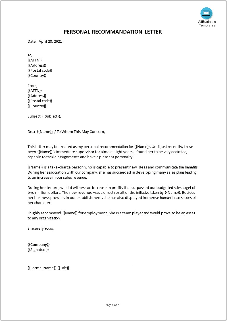 Sample Letter Of Personal Recommendation Template