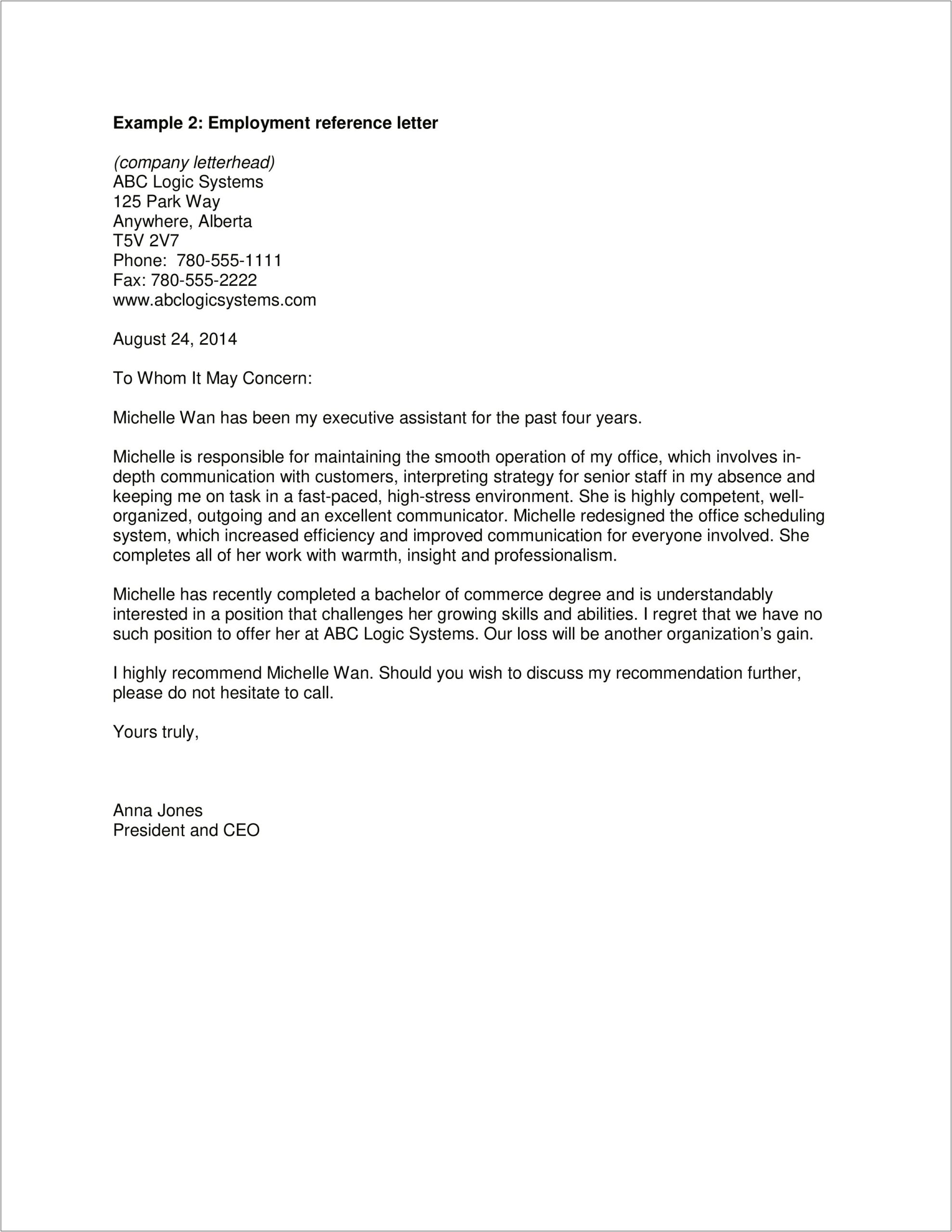 Sample Letter Of Recommendation For Employment Template