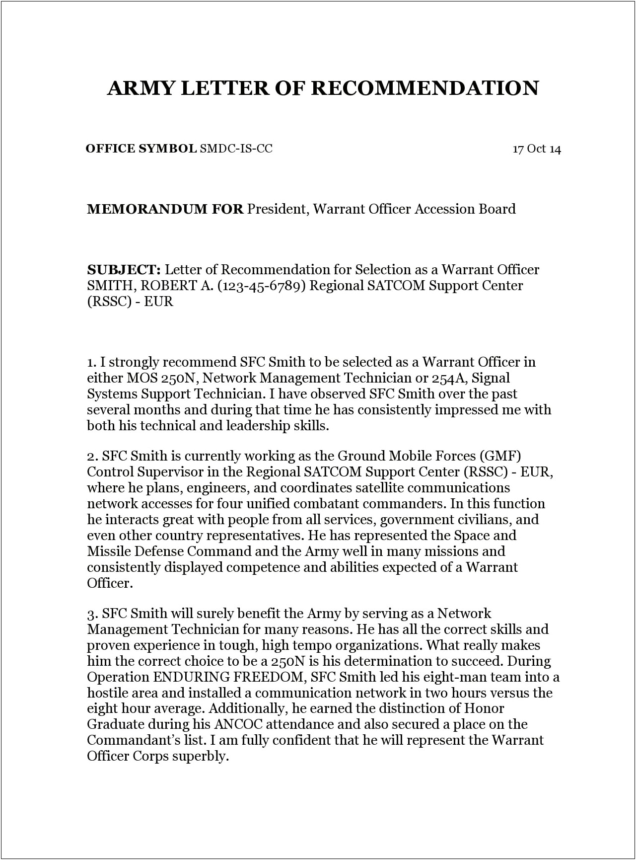 Sample Military Letter Of Recommendation Template