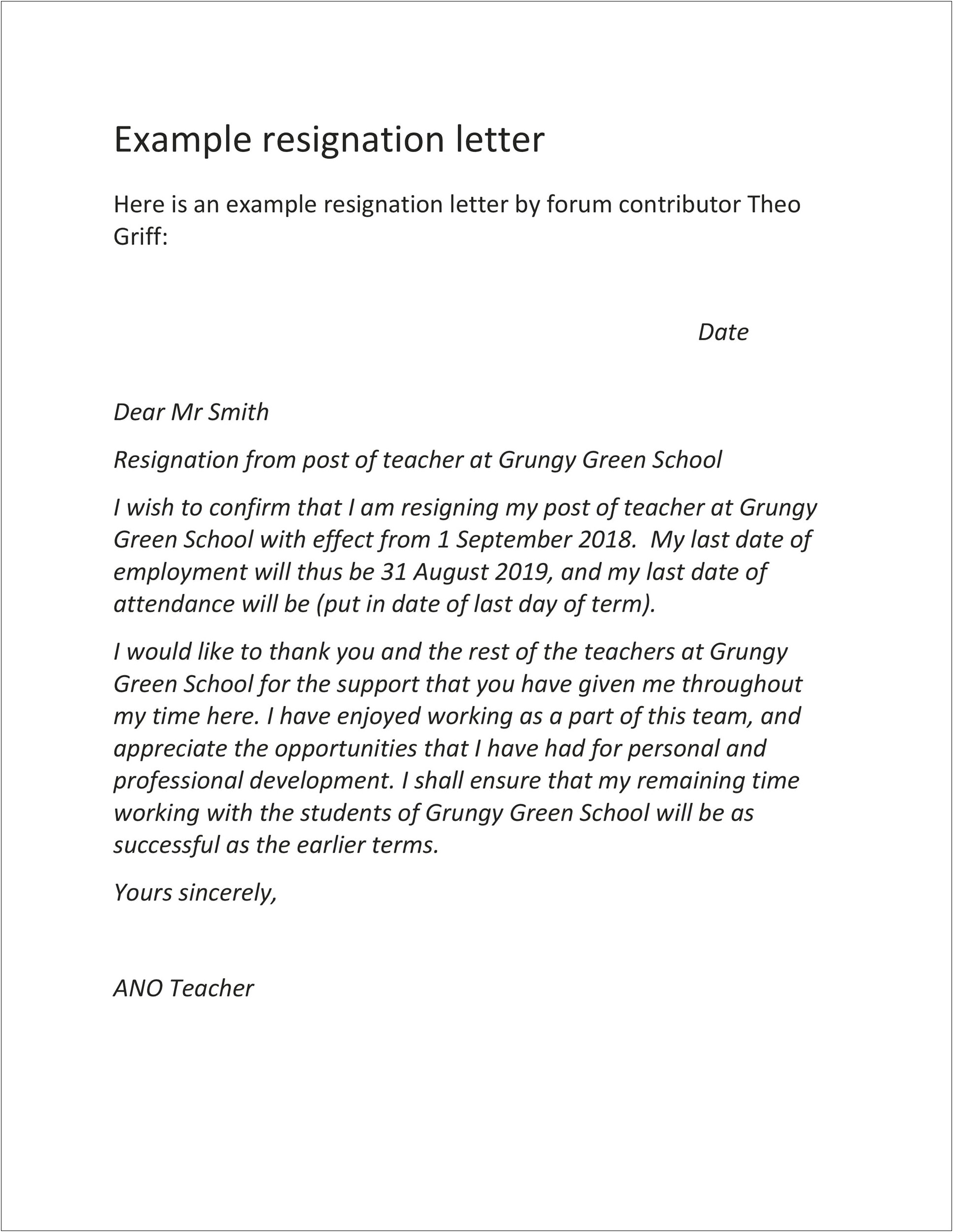 Sample Of Simple Resignation Letter Template