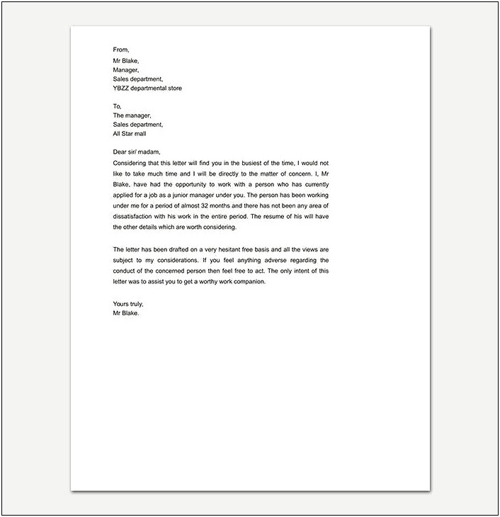 Sample Personal Letter Of Recommendation Template