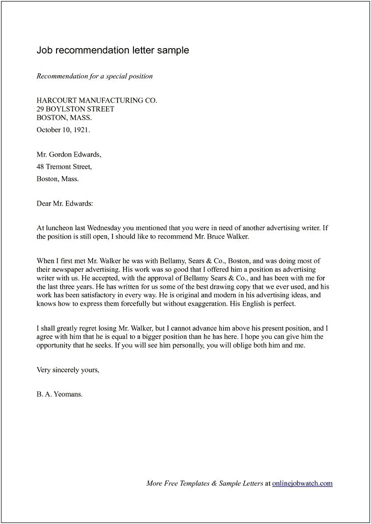 Sample Recommendation Letter For Employee From Employer Template