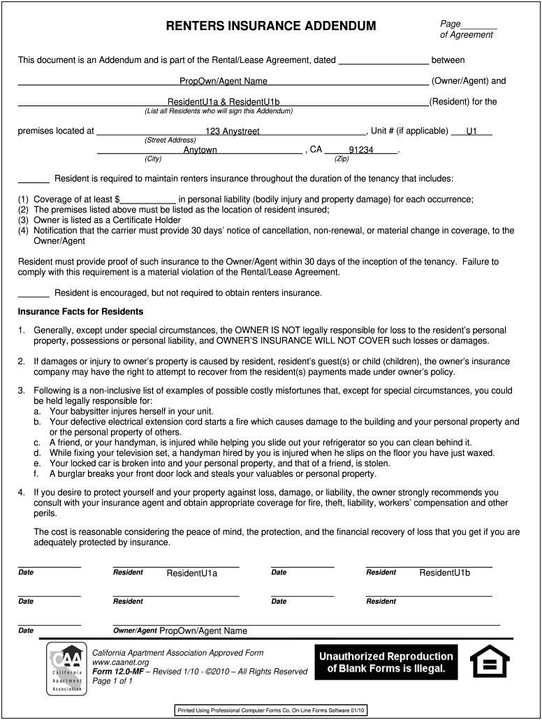 Sample Renters Insurance Letter Sent To Tenants Template