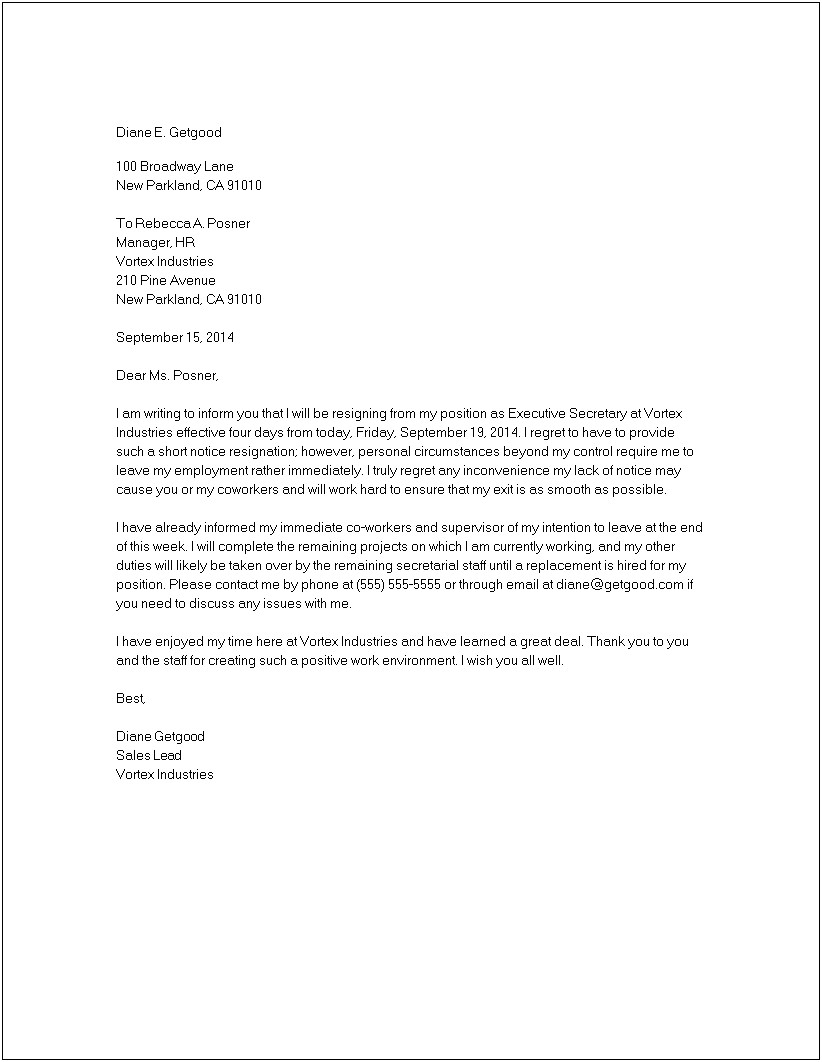 Sample Resignation Letter Template Short Notice