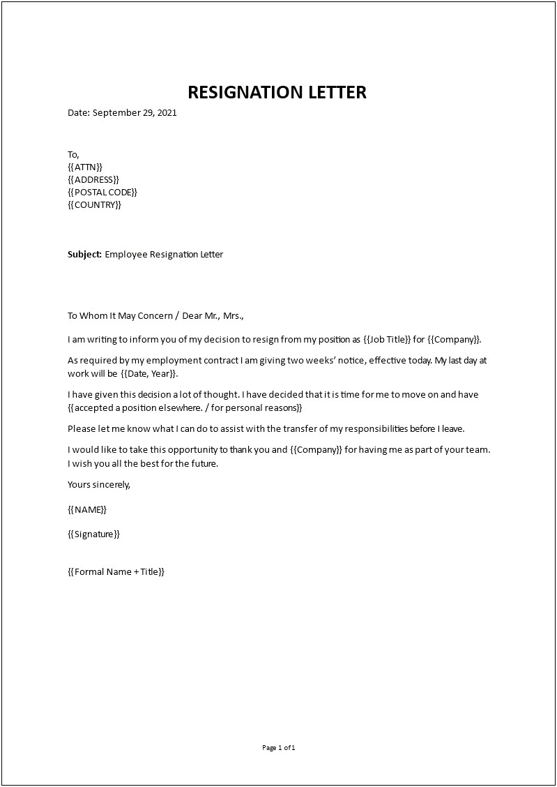 Sample Resignation Letter With Reason Template