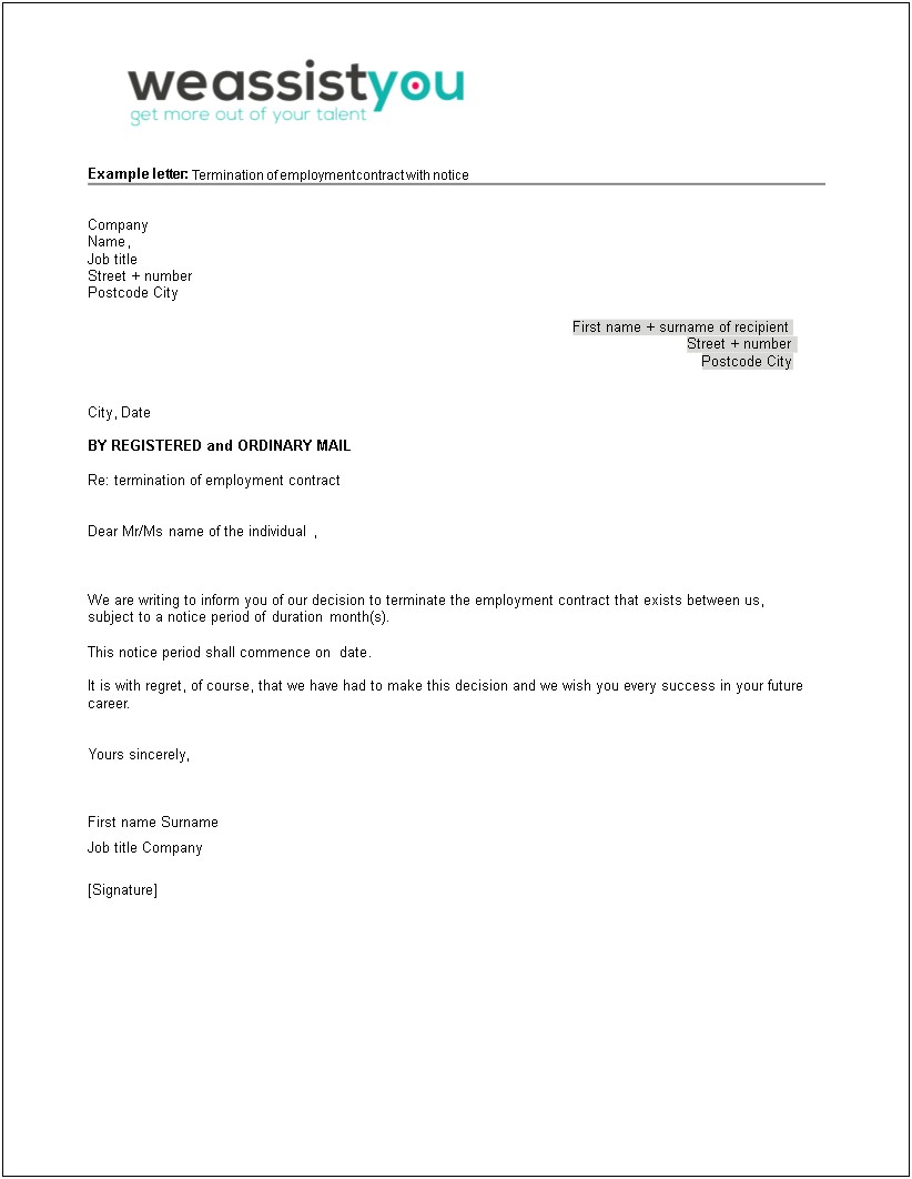 Sample Separation Letter From Employer Template