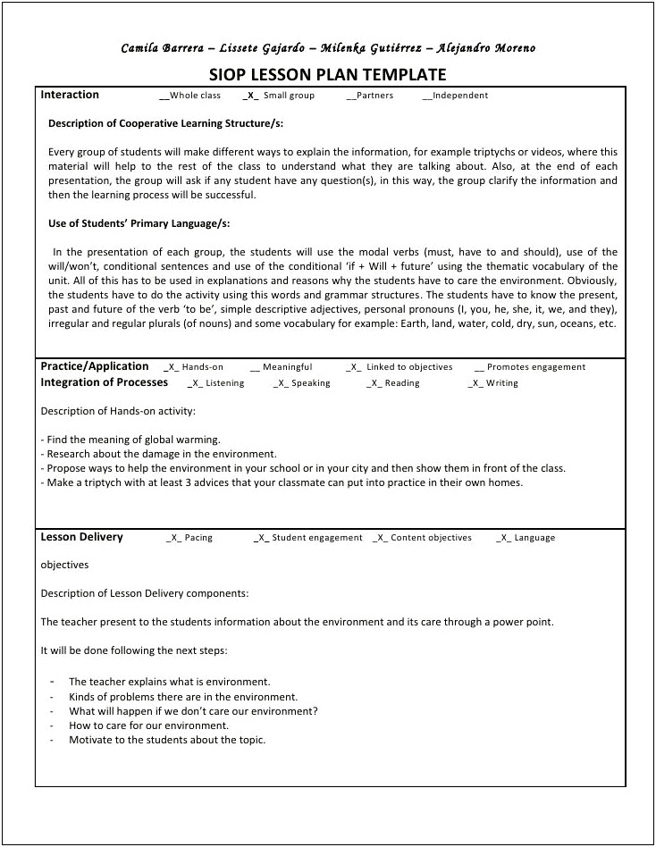 Sample Siop Lesson Plan Template 1