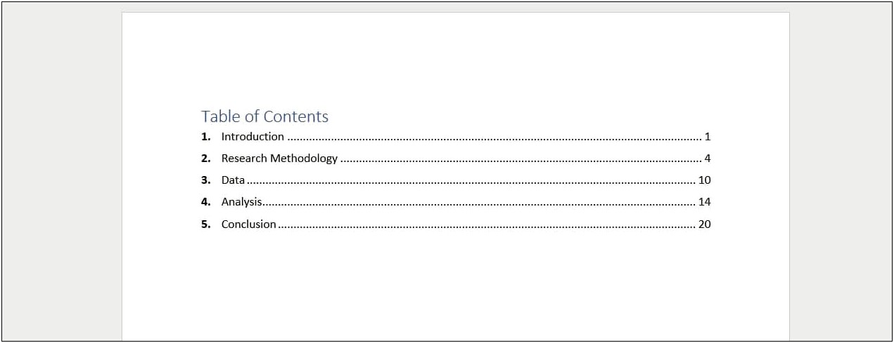 Sample Table Of Contents Word Template
