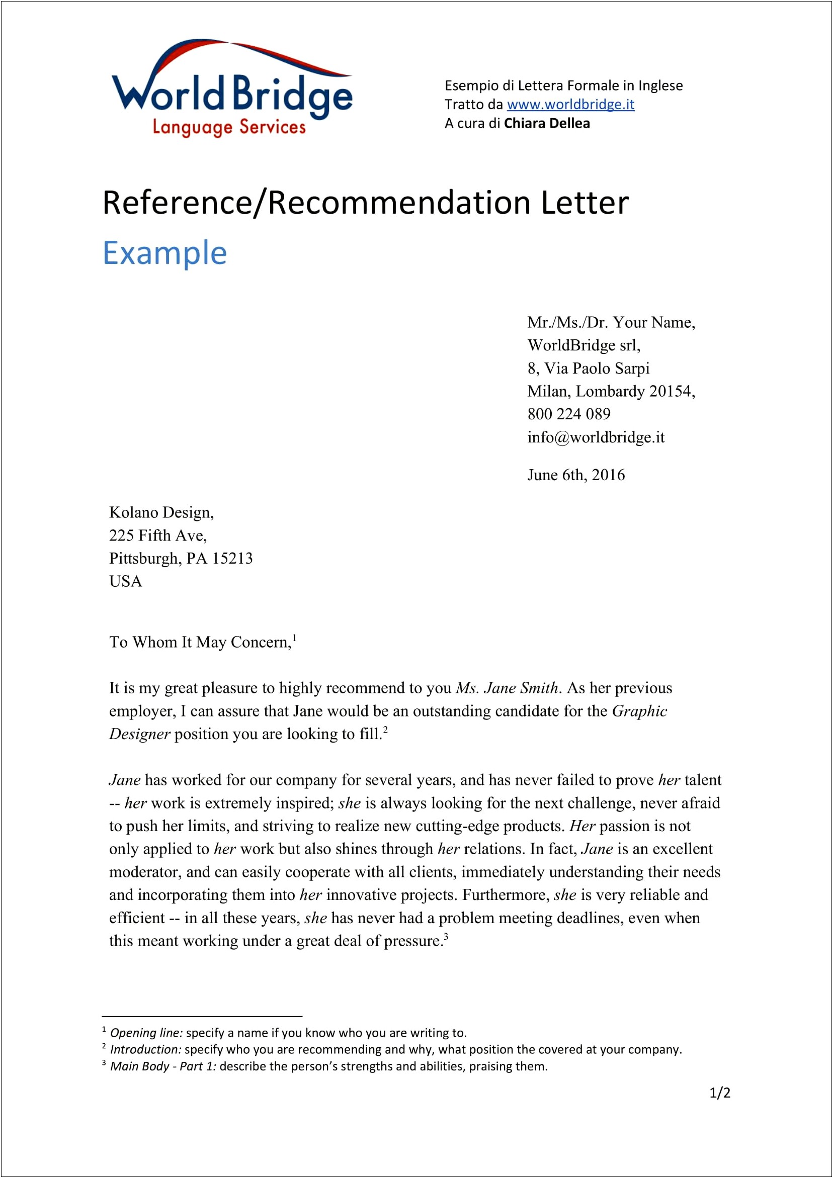 Sample Template For A Recommendation Letter