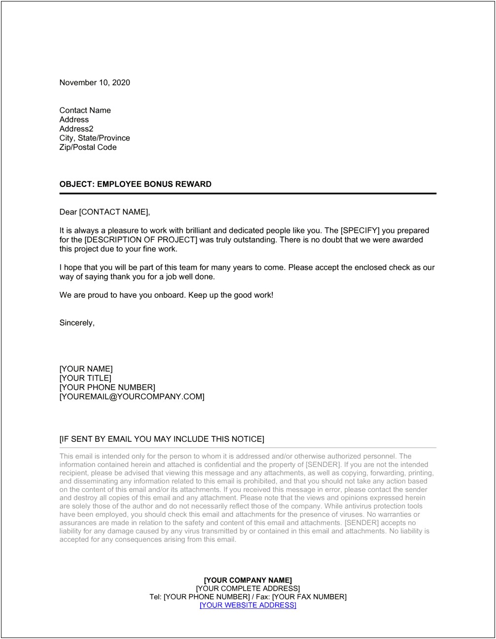 Sample Template For Employee Incentive Letter