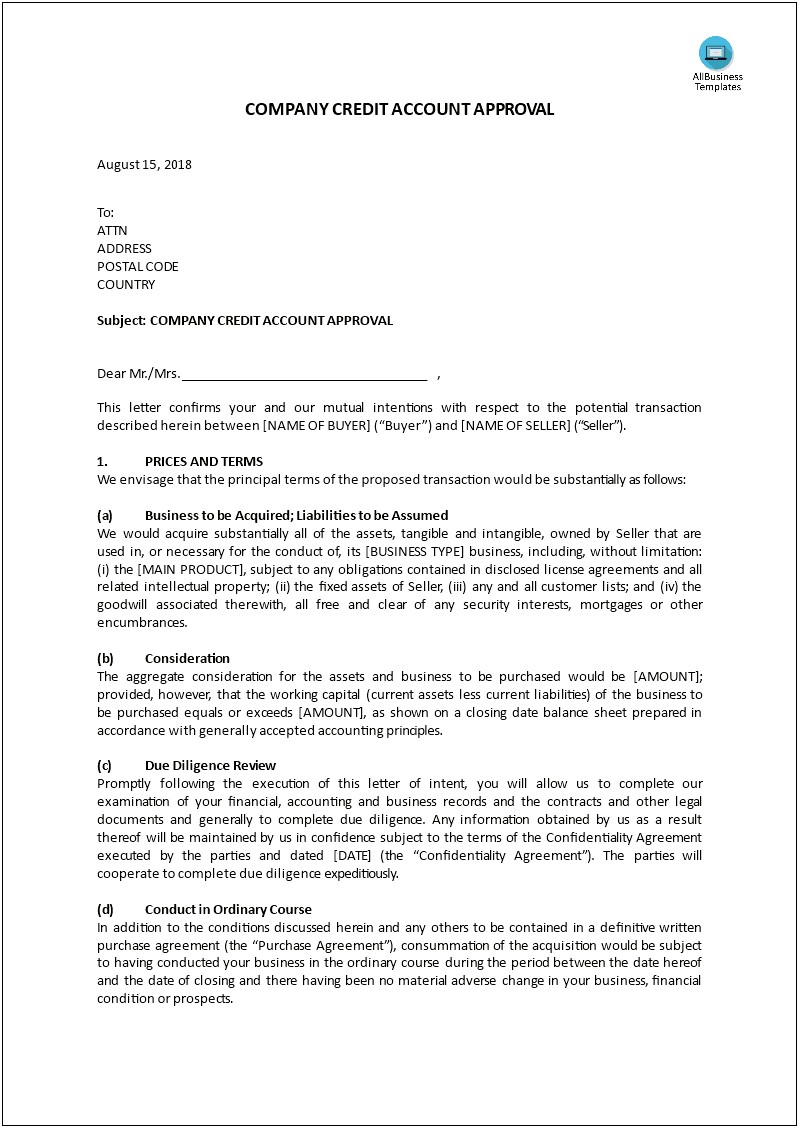 Sample Template Letter Of Intent To Do Business