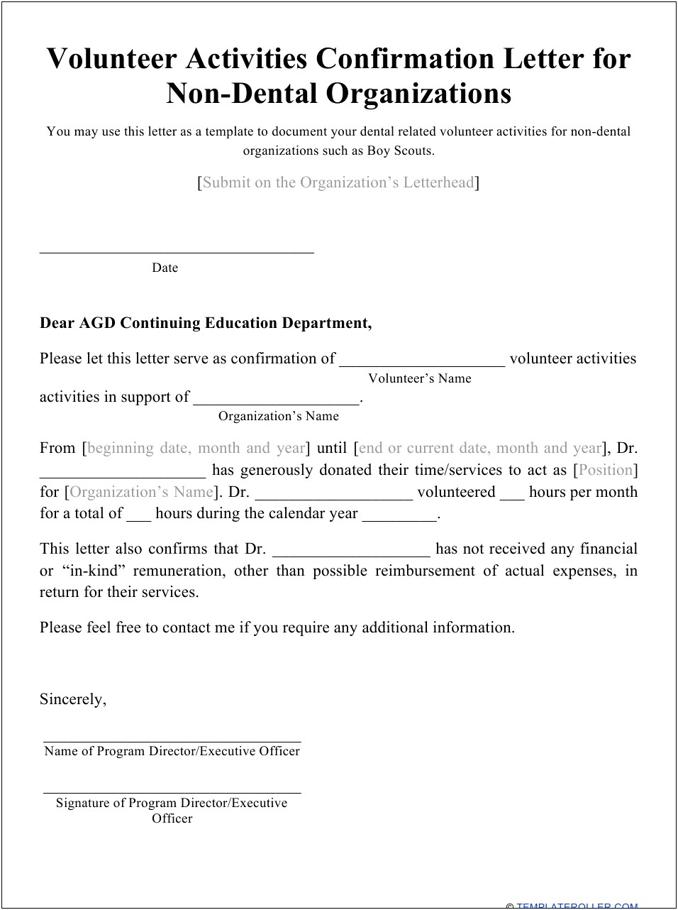 Sample Template Of Letter To Confirm Volunteering