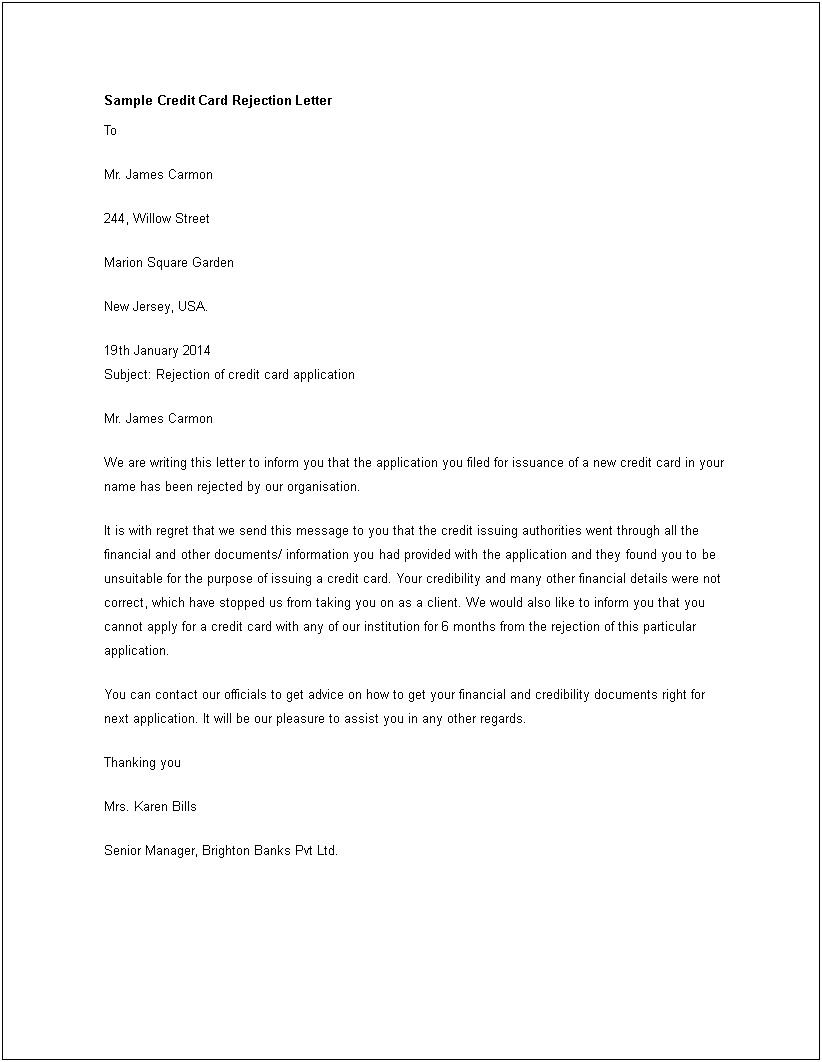 Sample Templates For Rejection Letter On Tenant Application