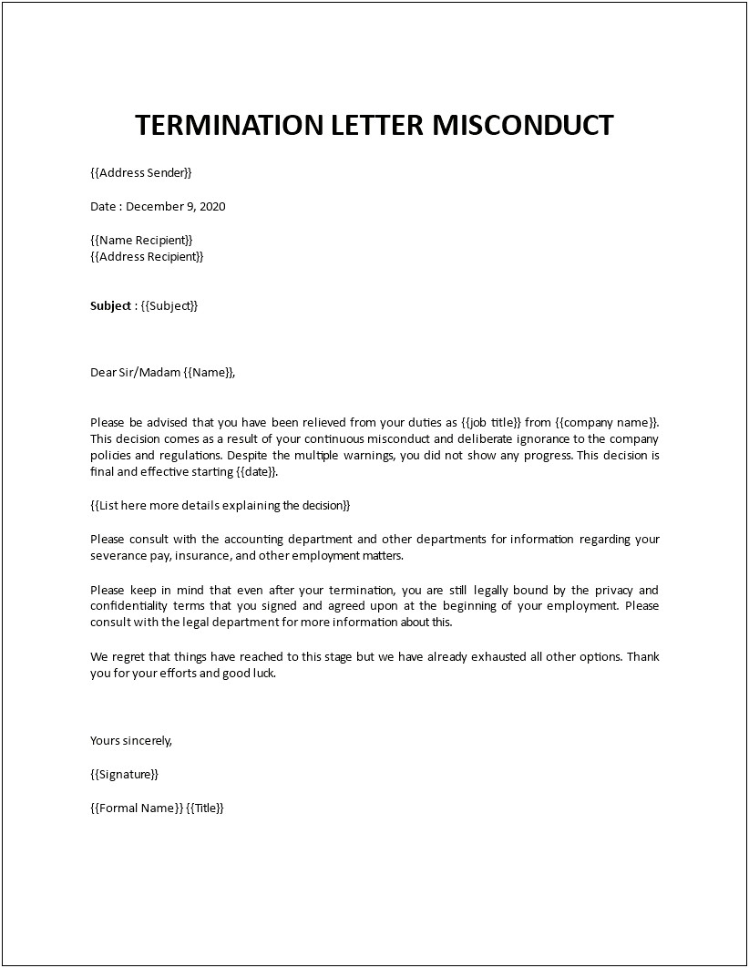 Sample Termination Letter For Misconduct Template