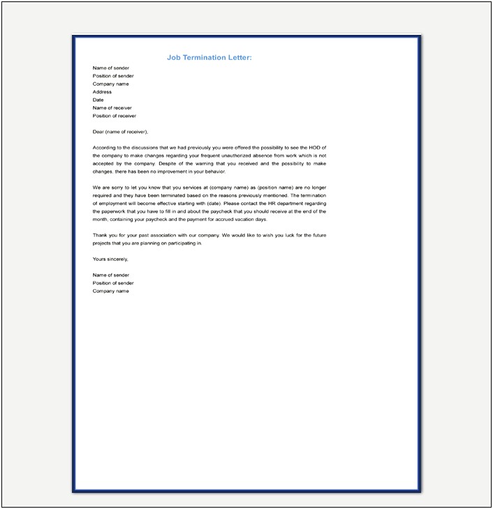 Sample Termination Of Employment Letter Template