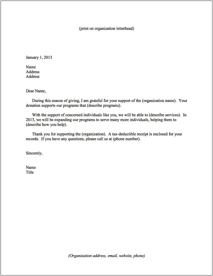 Sample Thank You Letter For Donation Template