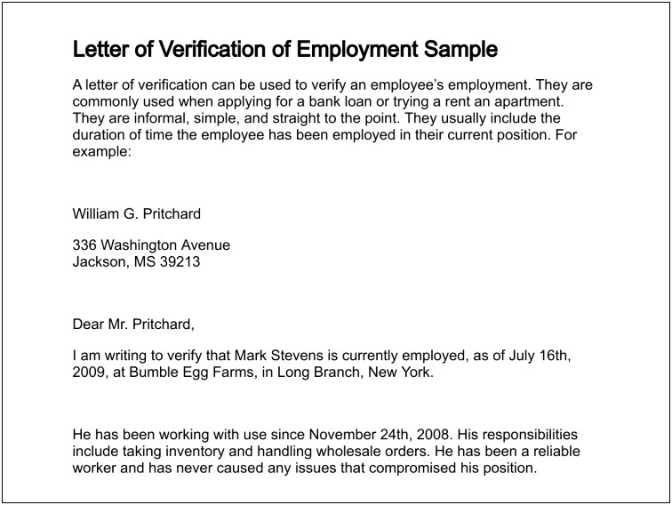 Sample Verification Of Employment Letter Template Landlord