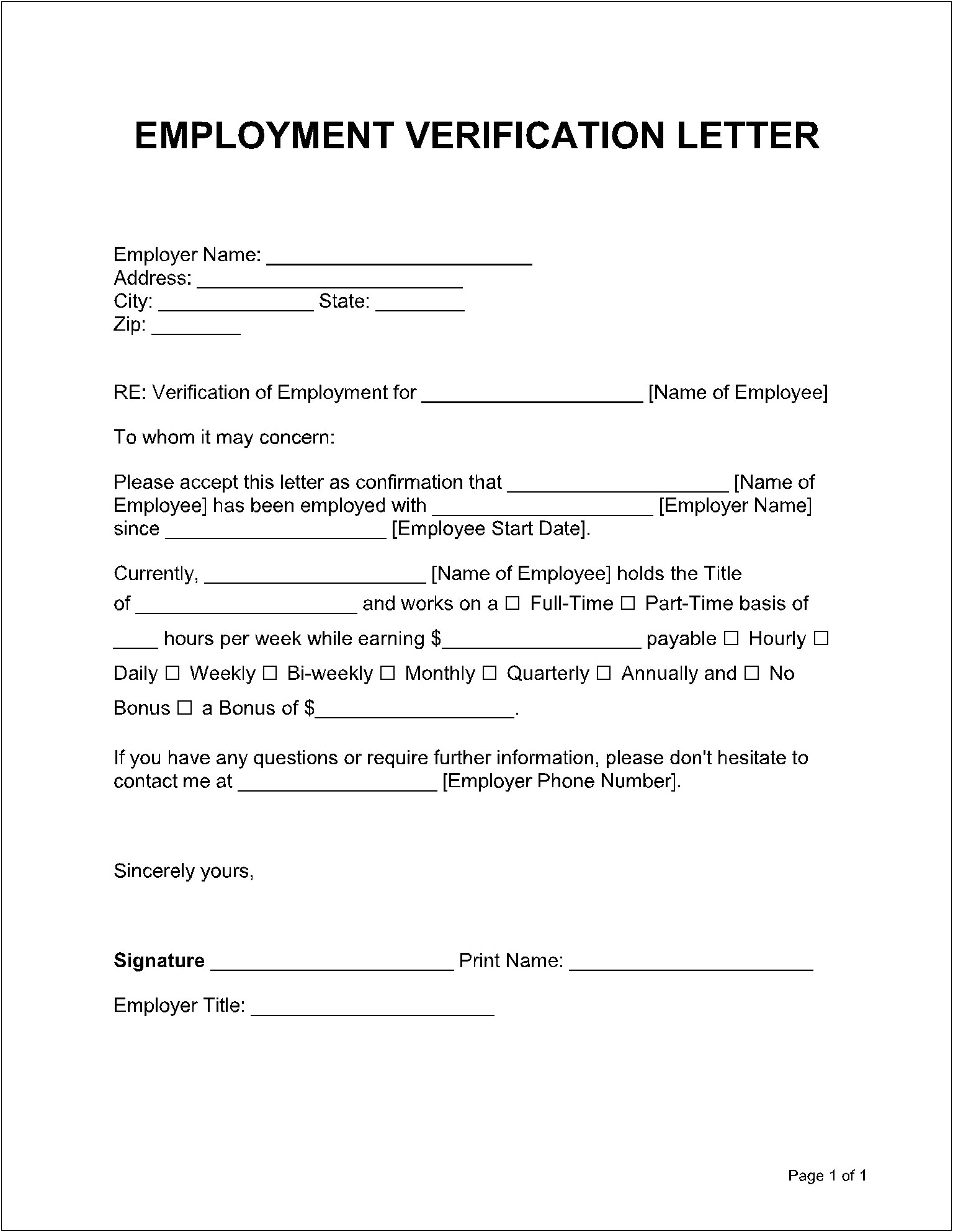 Sample Verification Of Employment Letter Template