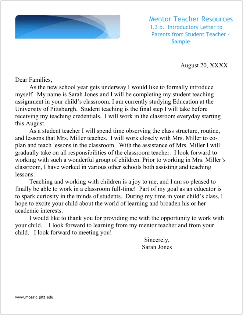 Sample Welcome Letter To Parents From Teacher Template