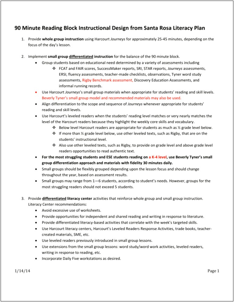 Santa Rosa Reading Remediation Plan Template