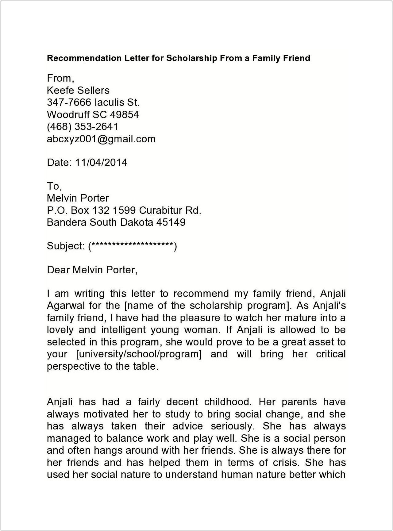 Scholarship Recommendation Letter From Family Friend Template