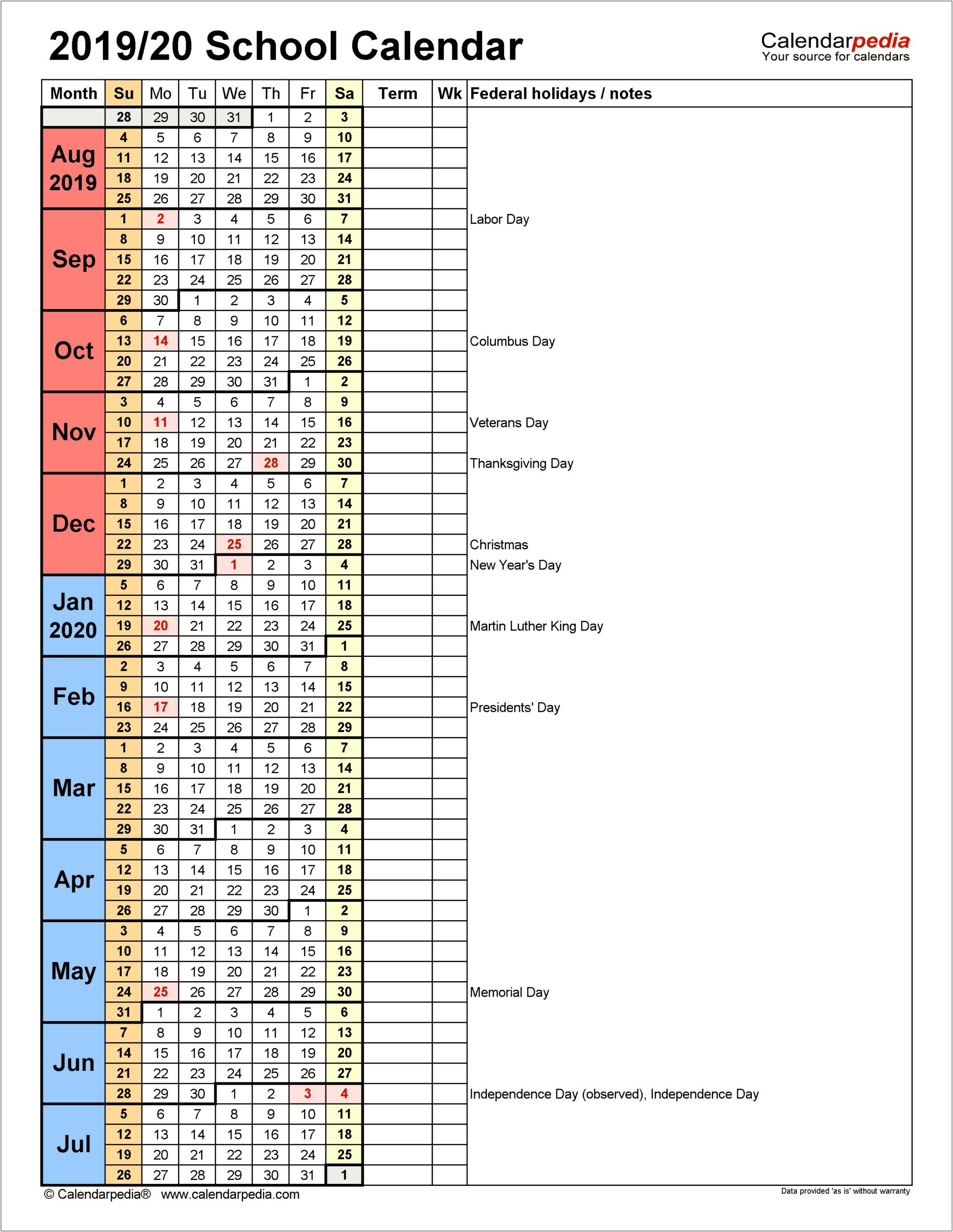 School Calendar 2019 Lausd Word Template Printable