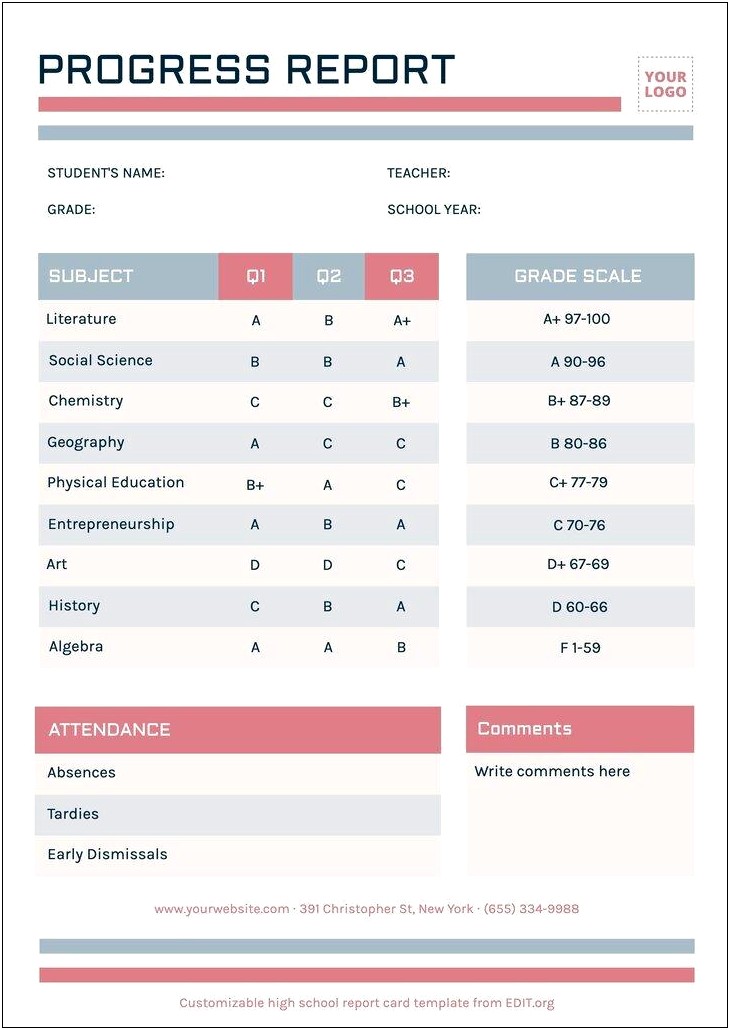 School Report Card Design Template Word