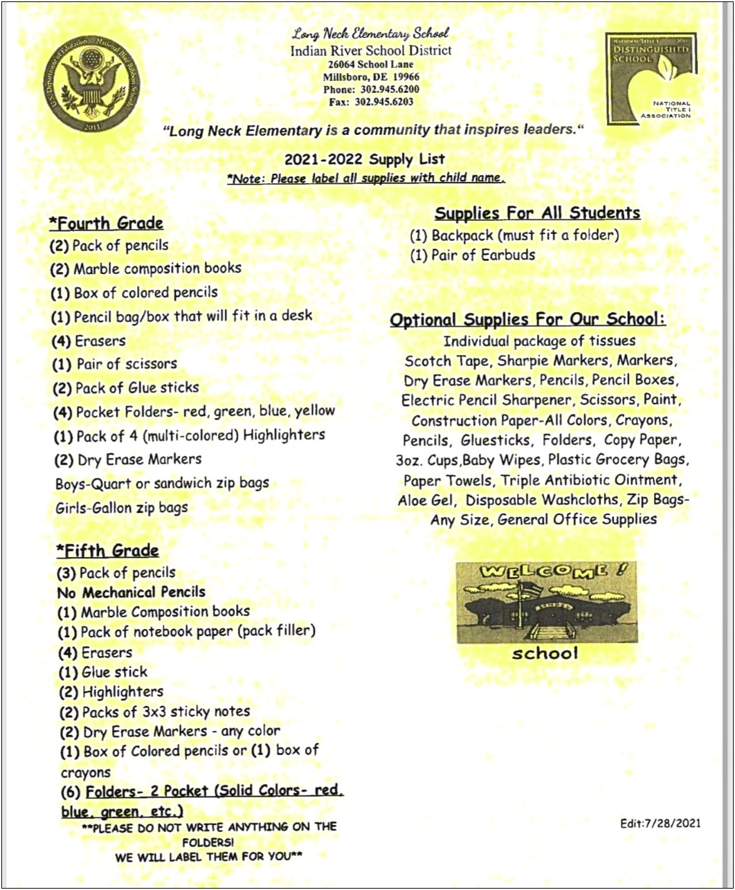 School Supply List Letter To Parents Template