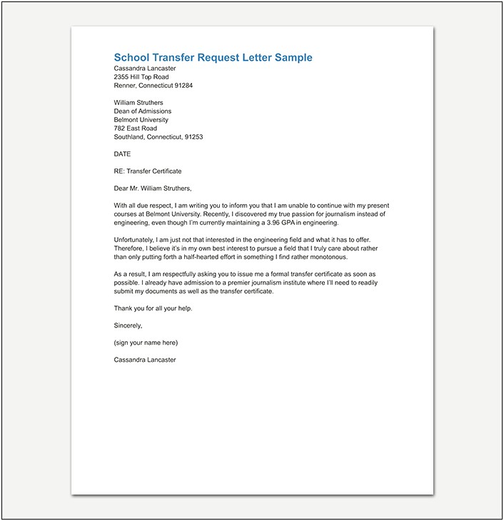 School Transfer Letter Template For C Hildren