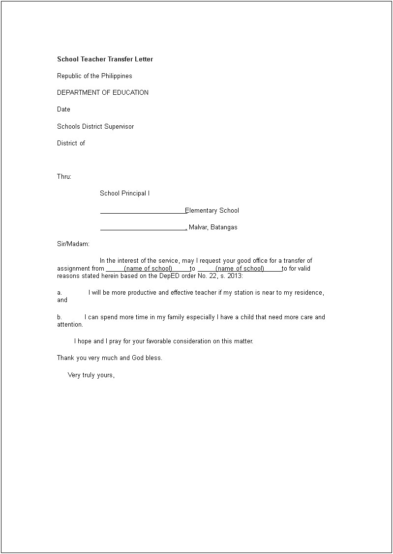 School Transfer Letter Template For Children