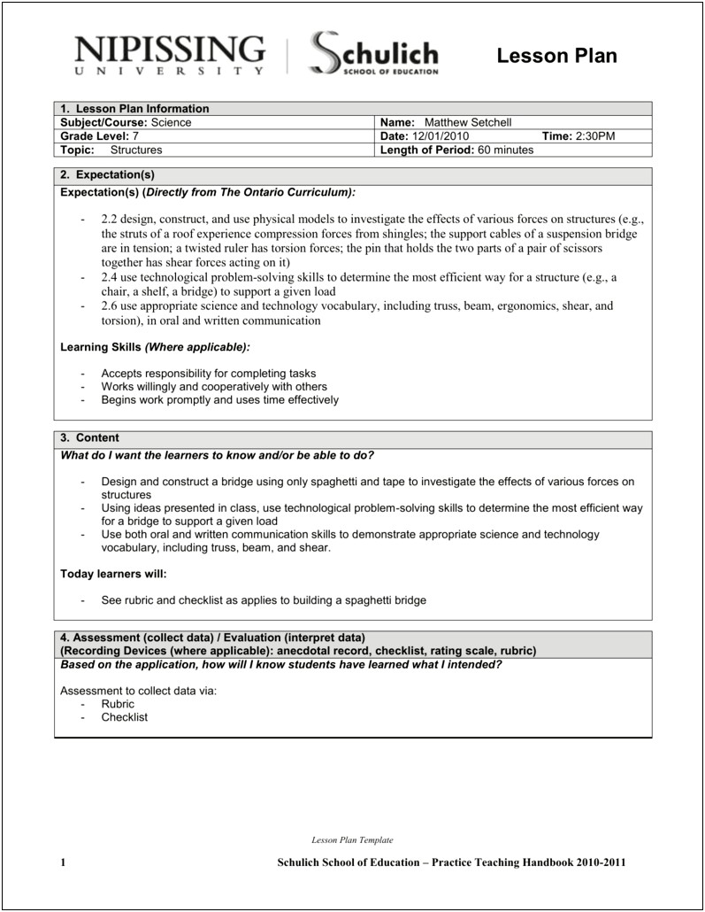 Schulich School Of Education Lesson Plan Template