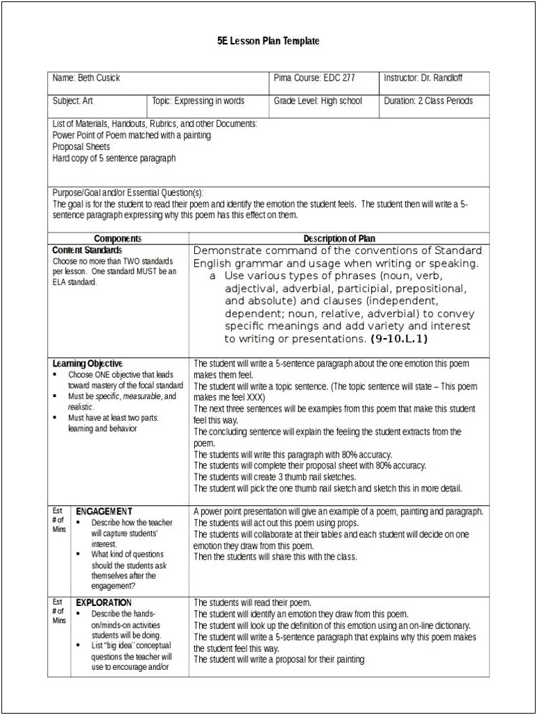 Science Lesson Plan Template 5 E& 39