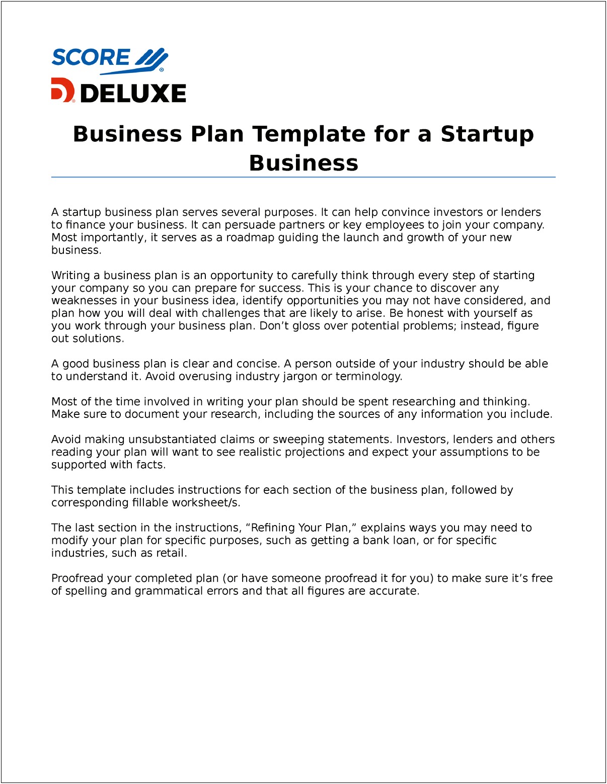 Score Deluxe Startup Business Plan Template