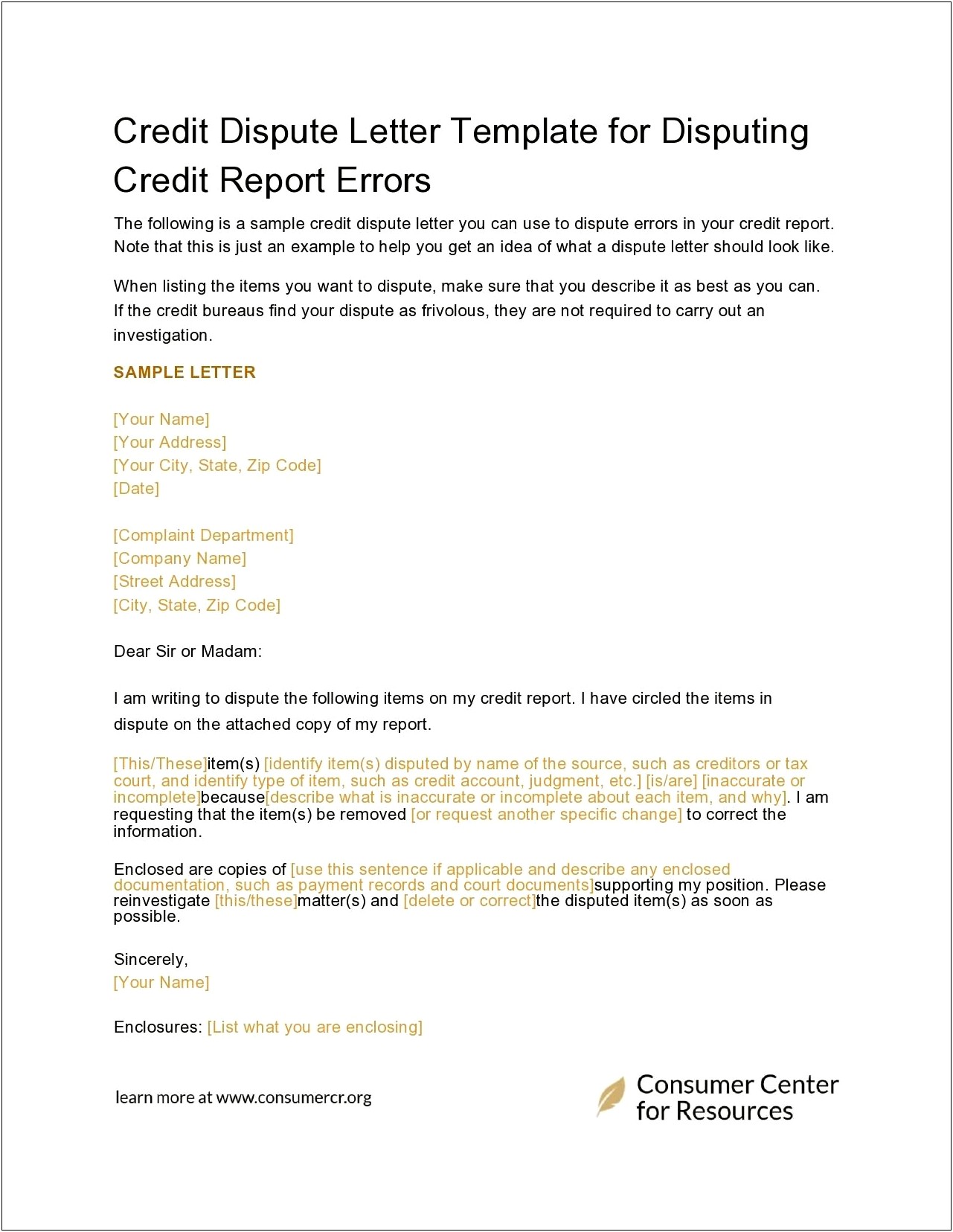 Section 609 Credit Dispute Letter Template Pdf