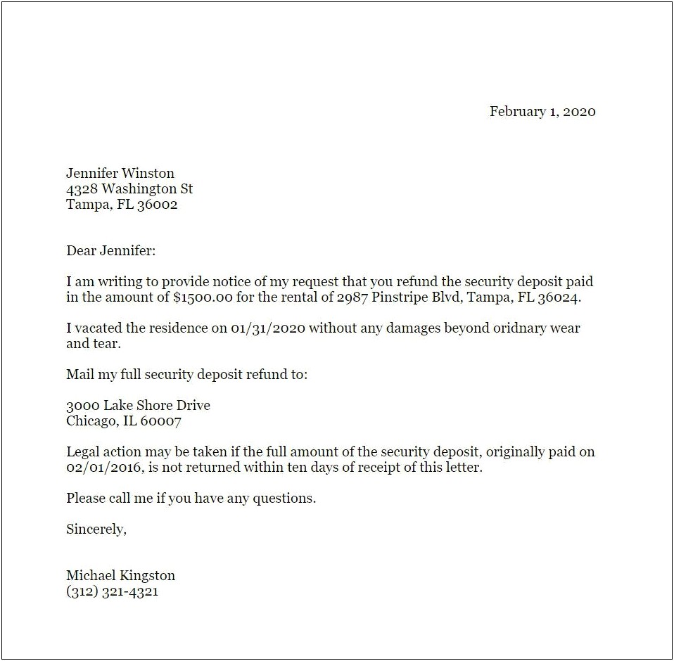 Security Deposit Refund Letter Template Pennsylvania