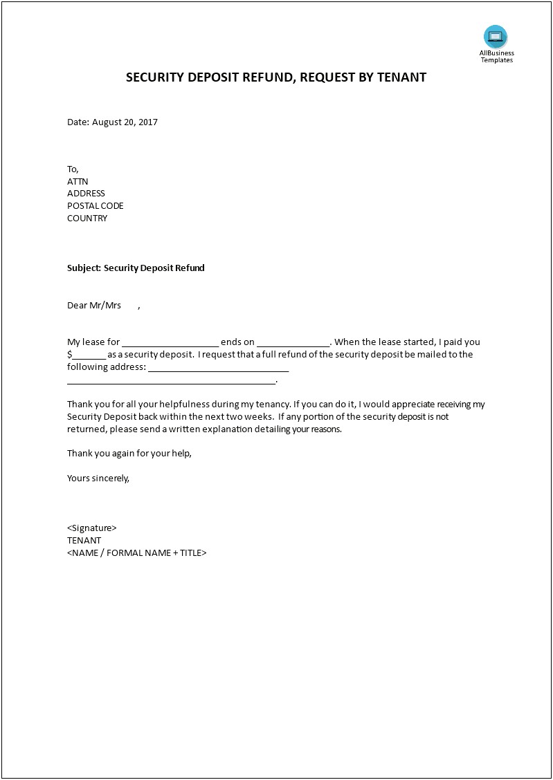 Security Deposit Refund Letter To Tenant Template