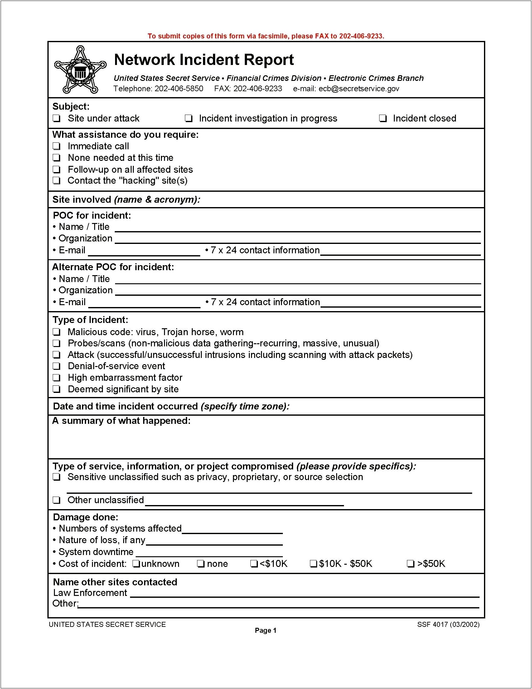 Security Incident Report Form Template Word