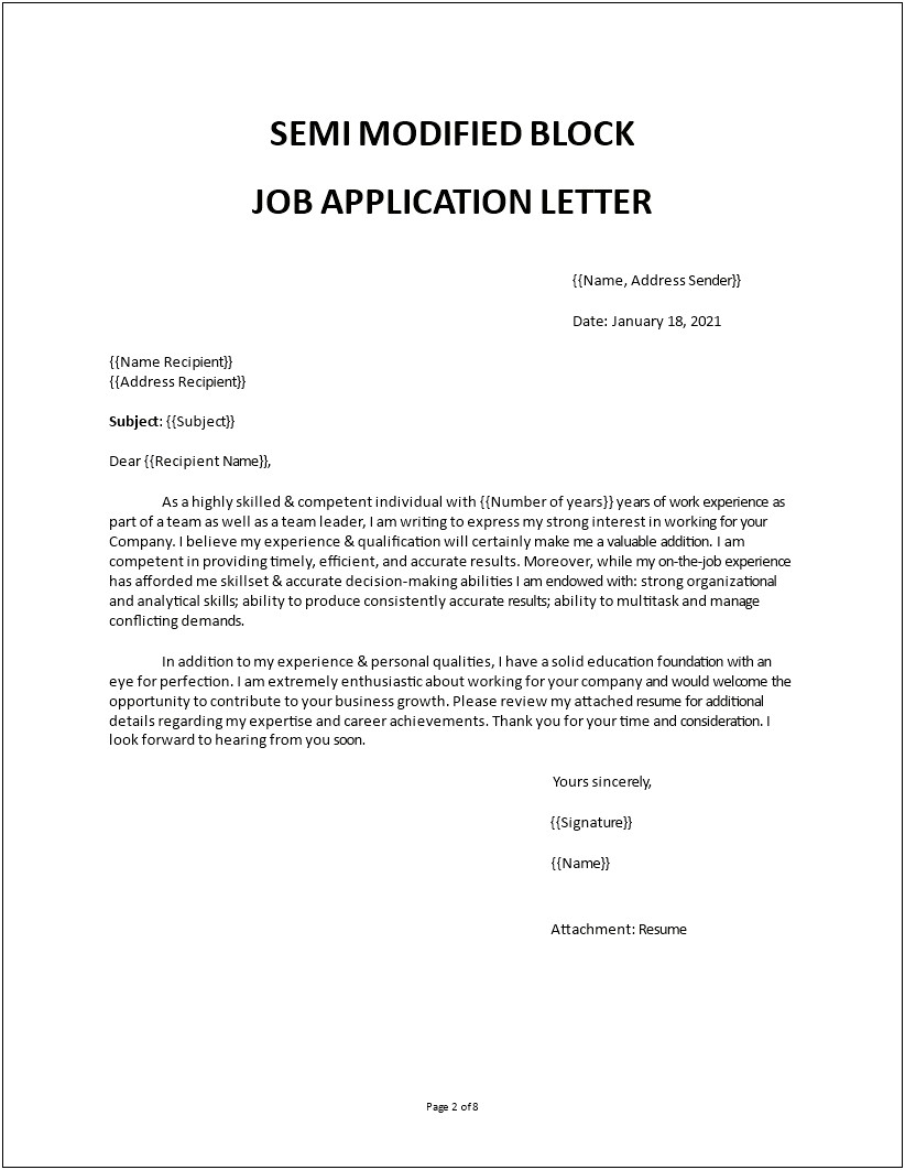 Semi Block Style Business Letter Template