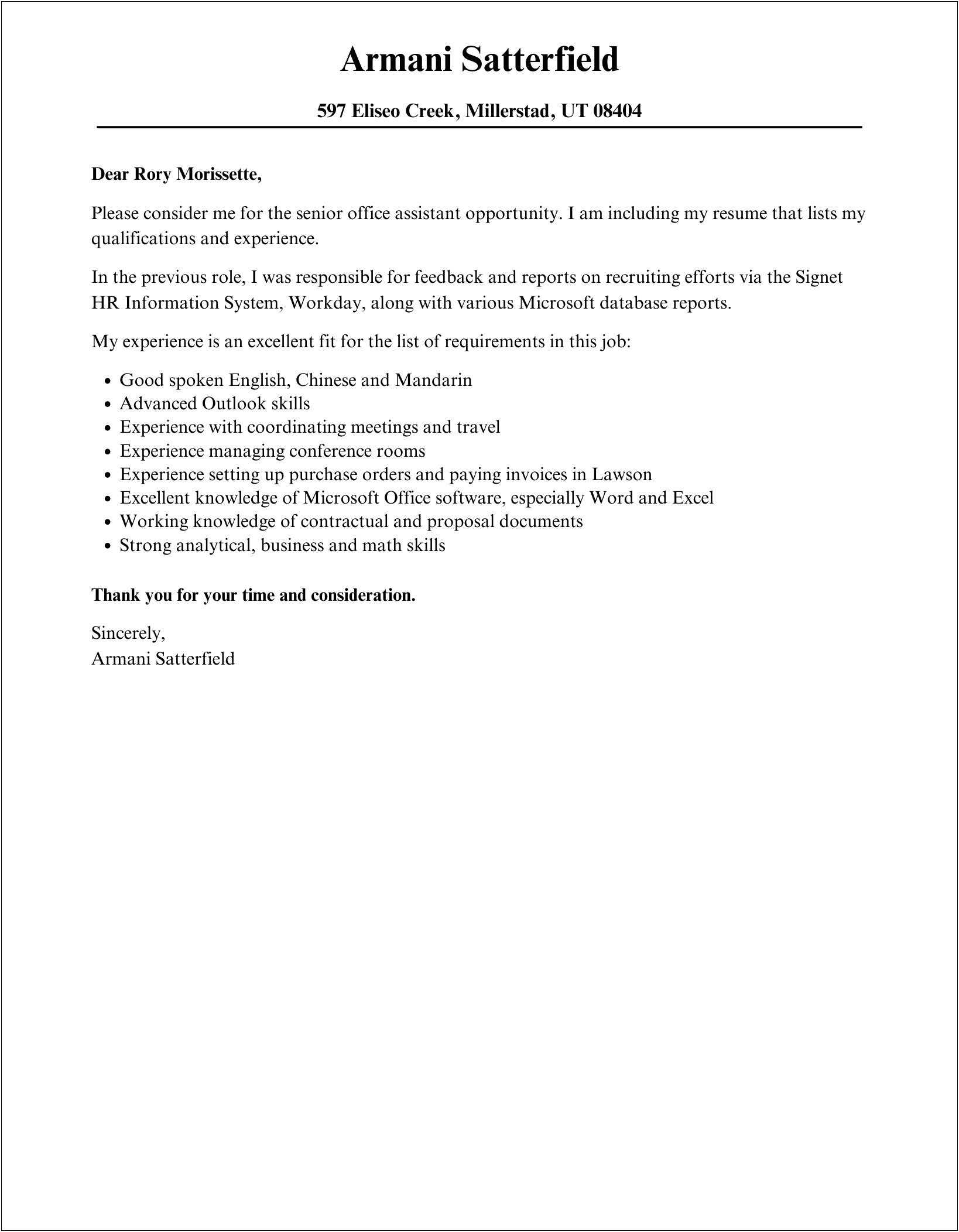 Senior Administrative Assistant Cover Letter Template