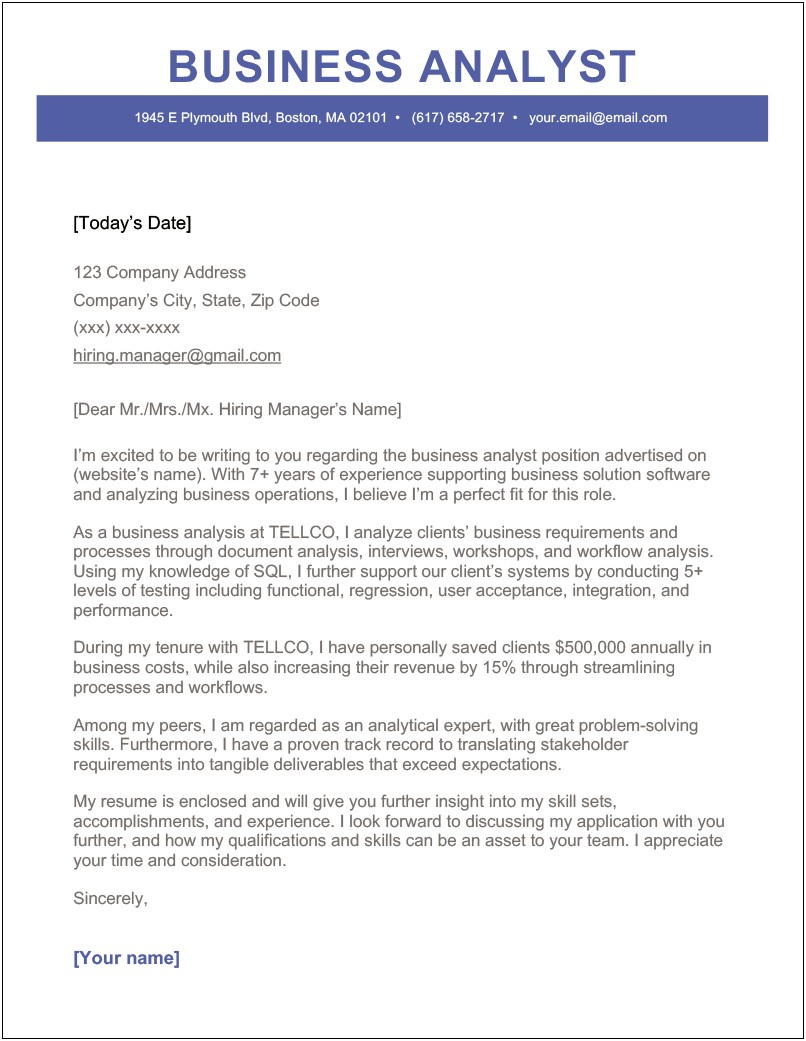 Senior Business Analyst Cover Letter Template