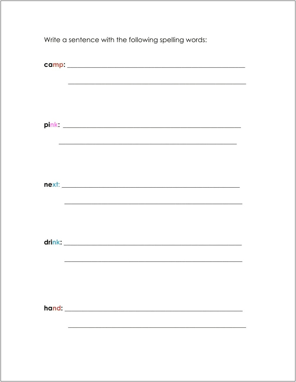 Sentence Writing Template For Spelling Words