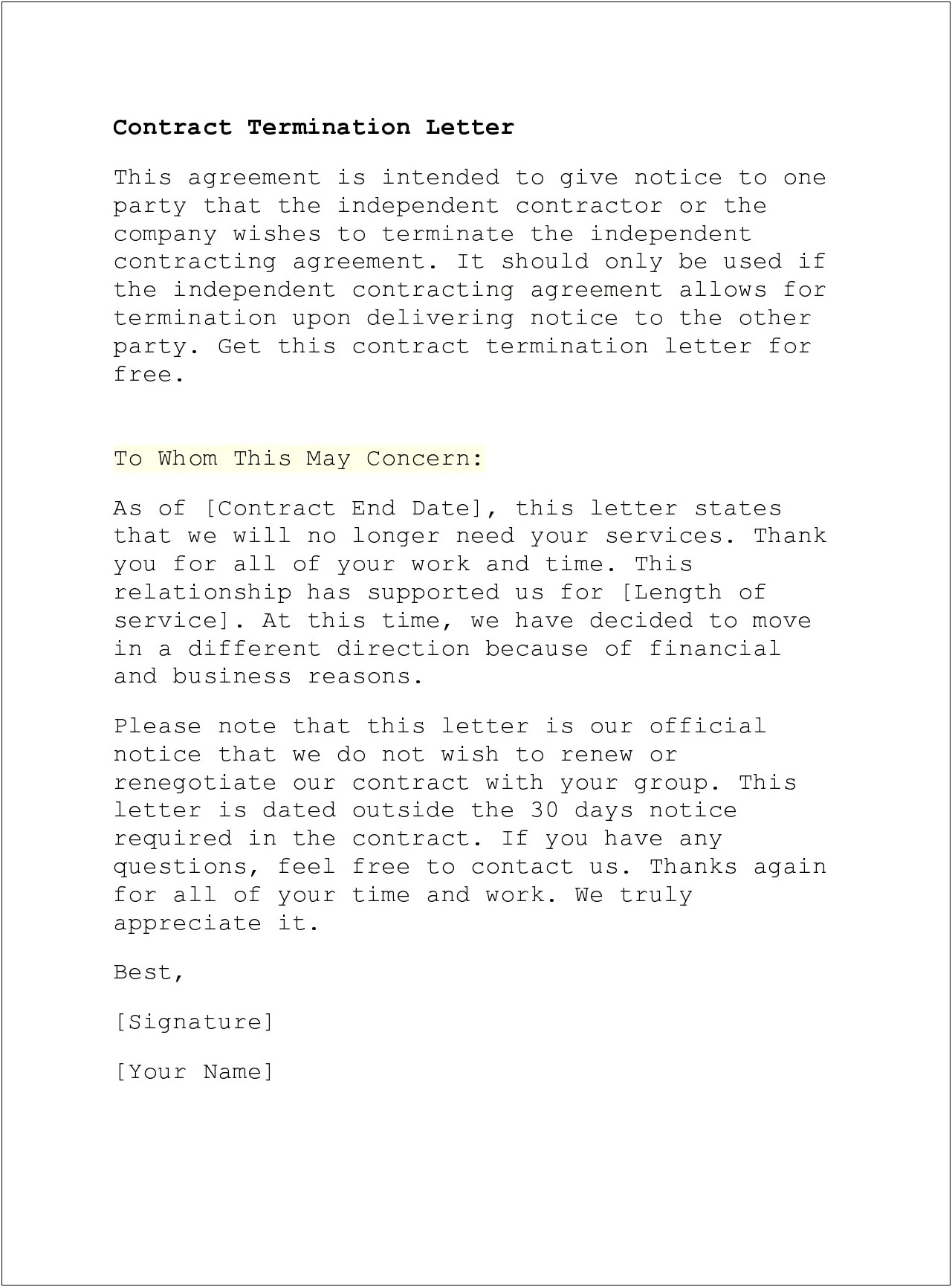 Service Contract Cancellation Letter Template Free