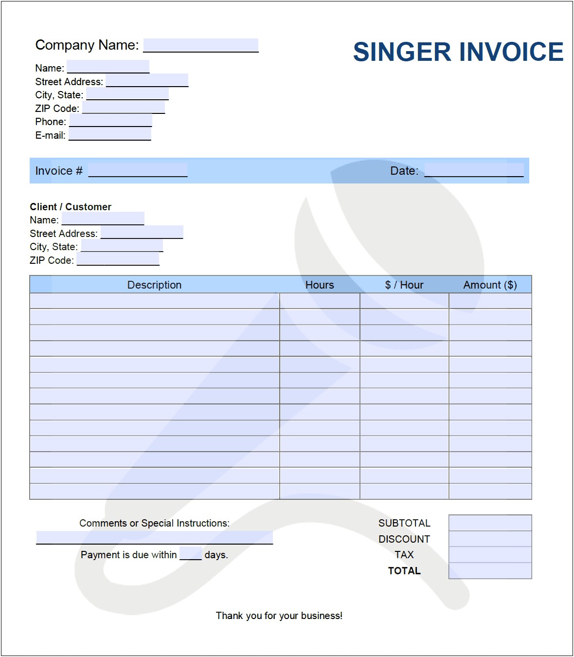 Service Invoice With Hours Template Word