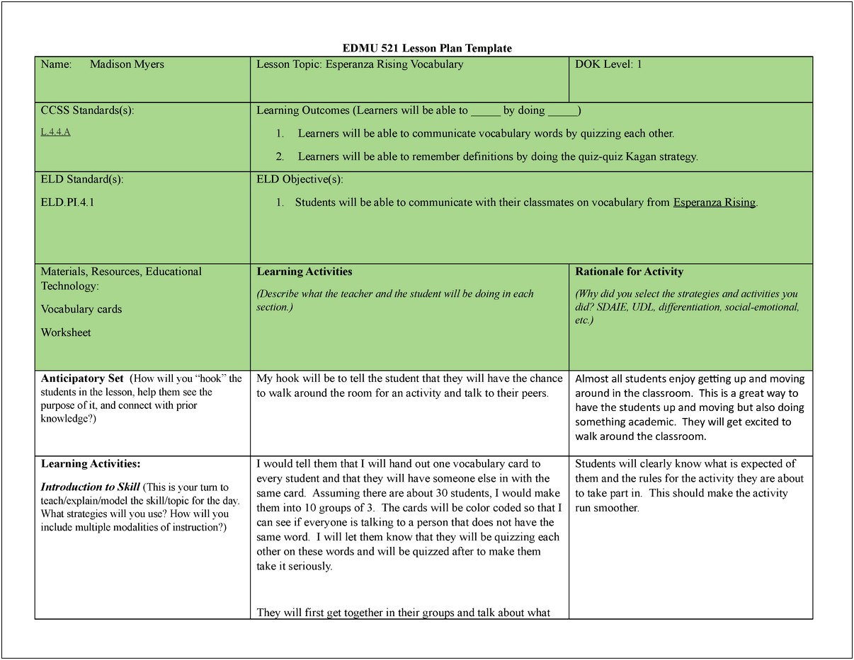 Sfsu Elementary Education Lesson Plan Template