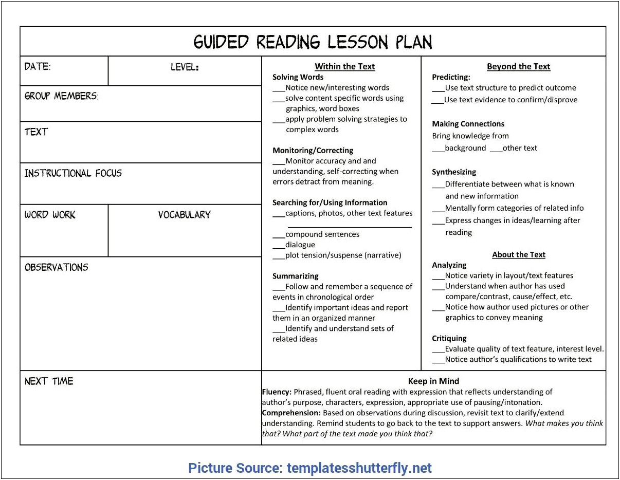 Shared Reading Planning Template Fountas And Pinnell